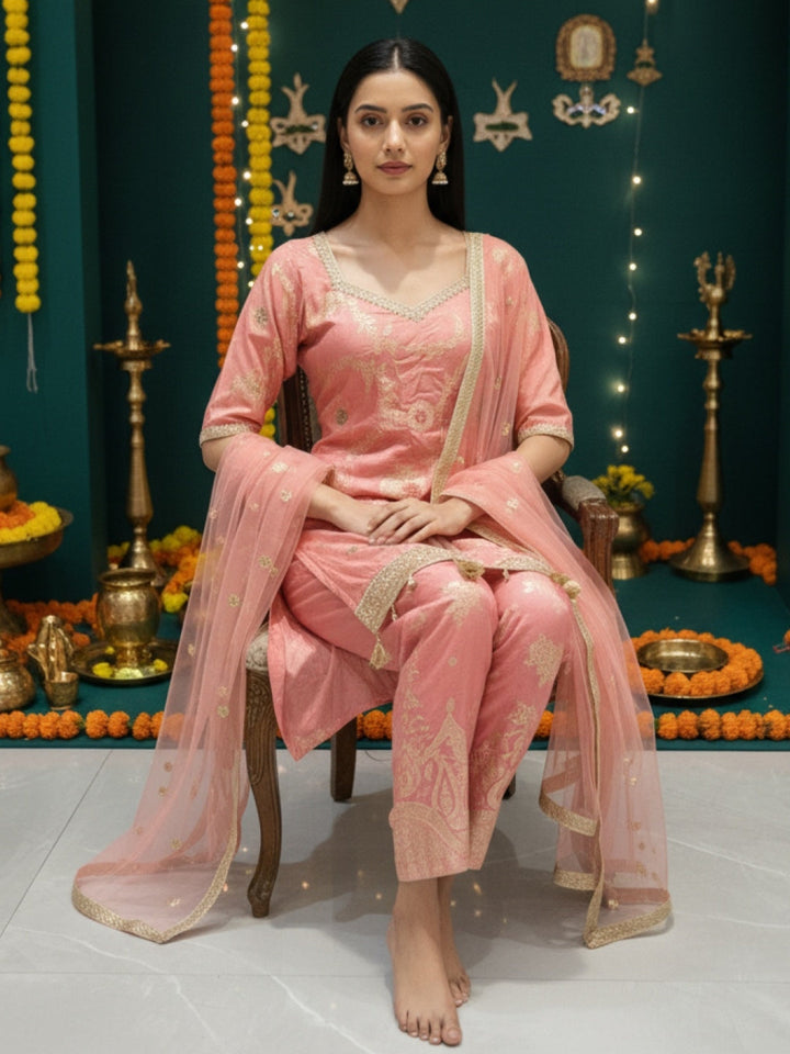 Banarasi Meenakari Straight Suit with Pearl, Mirror Embellishments & Tasseled Hemline