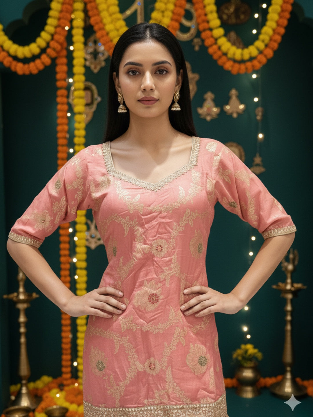 Banarasi Meenakari Straight Suit with Pearl, Mirror Embellishments & Tasseled Hemline