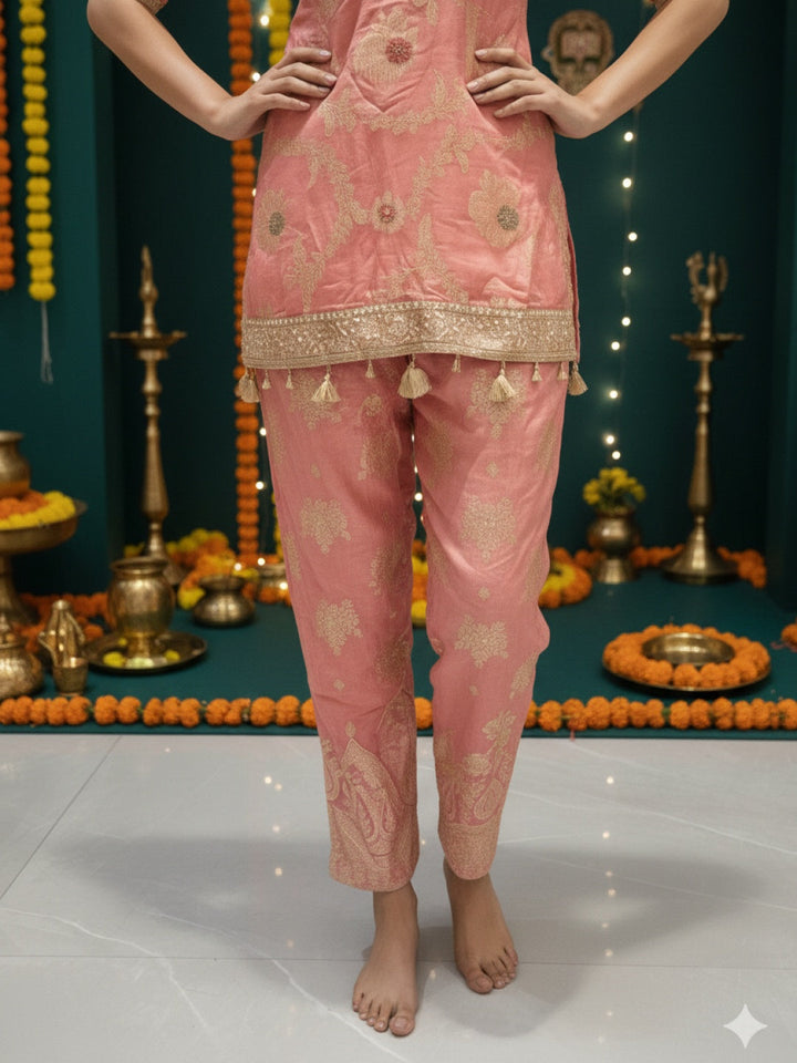 Banarasi Meenakari Straight Suit with Pearl, Mirror Embellishments & Tasseled Hemline