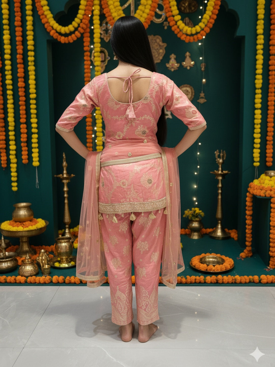 Banarasi Meenakari Straight Suit with Pearl, Mirror Embellishments & Tasseled Hemline