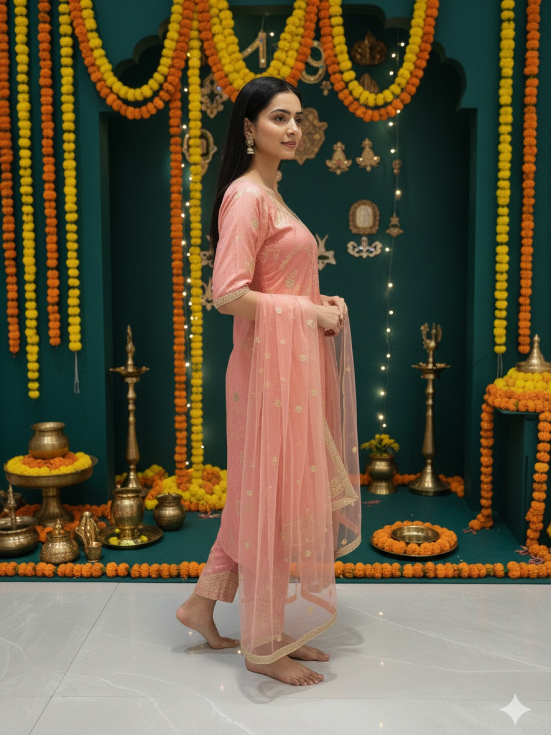 Banarasi Meenakari Straight Suit with Pearl, Mirror Embellishments & Tasseled Hemline