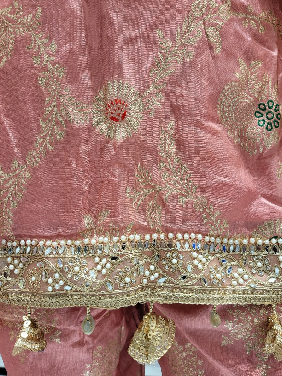Banarasi Meenakari Straight Suit with Pearl, Mirror Embellishments & Tasseled Hemline