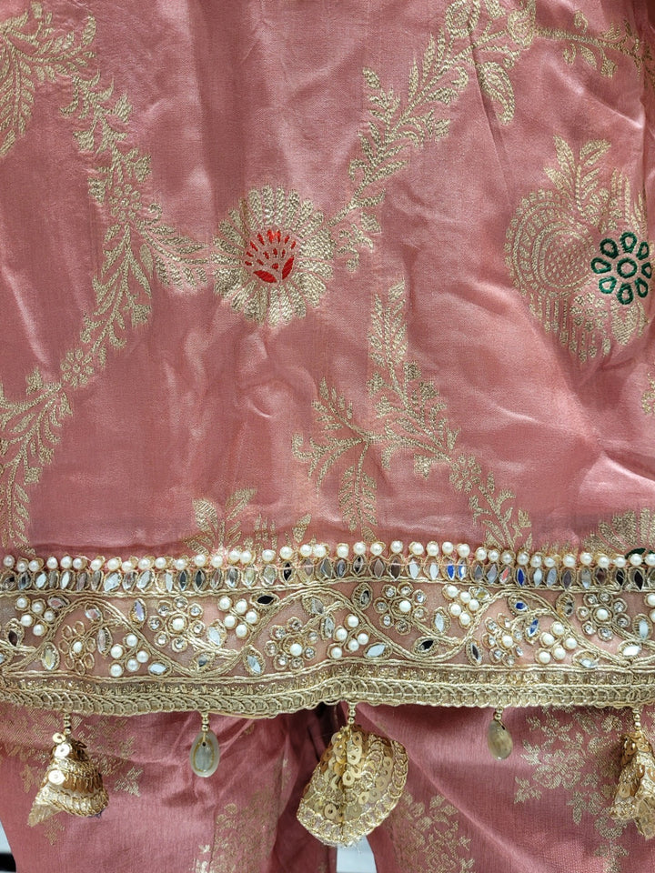 Banarasi Meenakari Straight Suit with Pearl, Mirror Embellishments & Tasseled Hemline