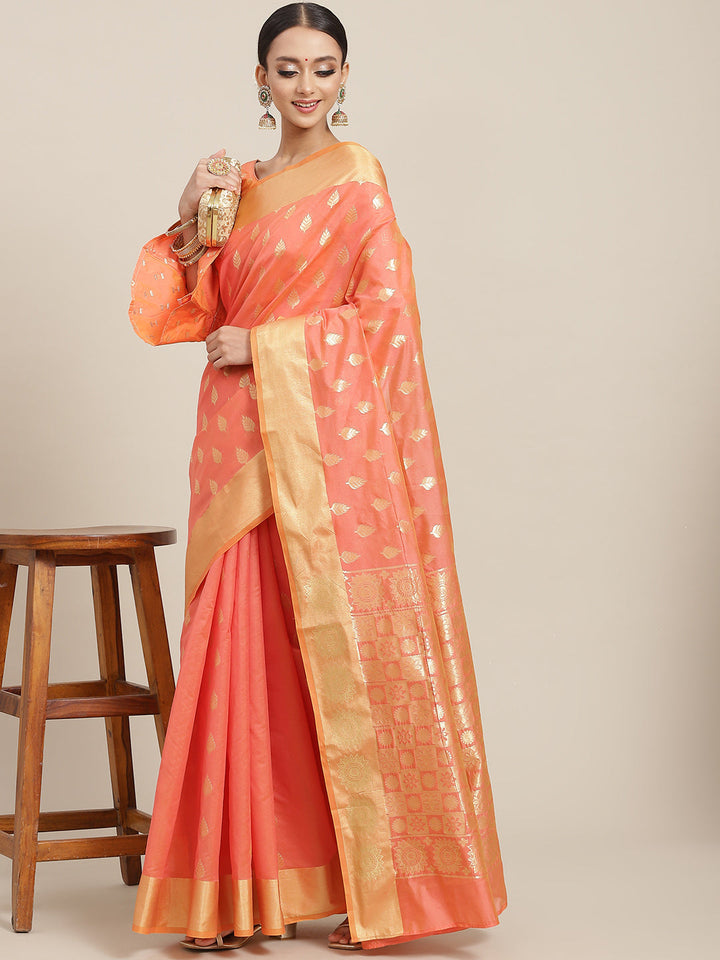 Peach Ethnic Motifs HandWoven Organza Silk Saree with Gold Zari Border