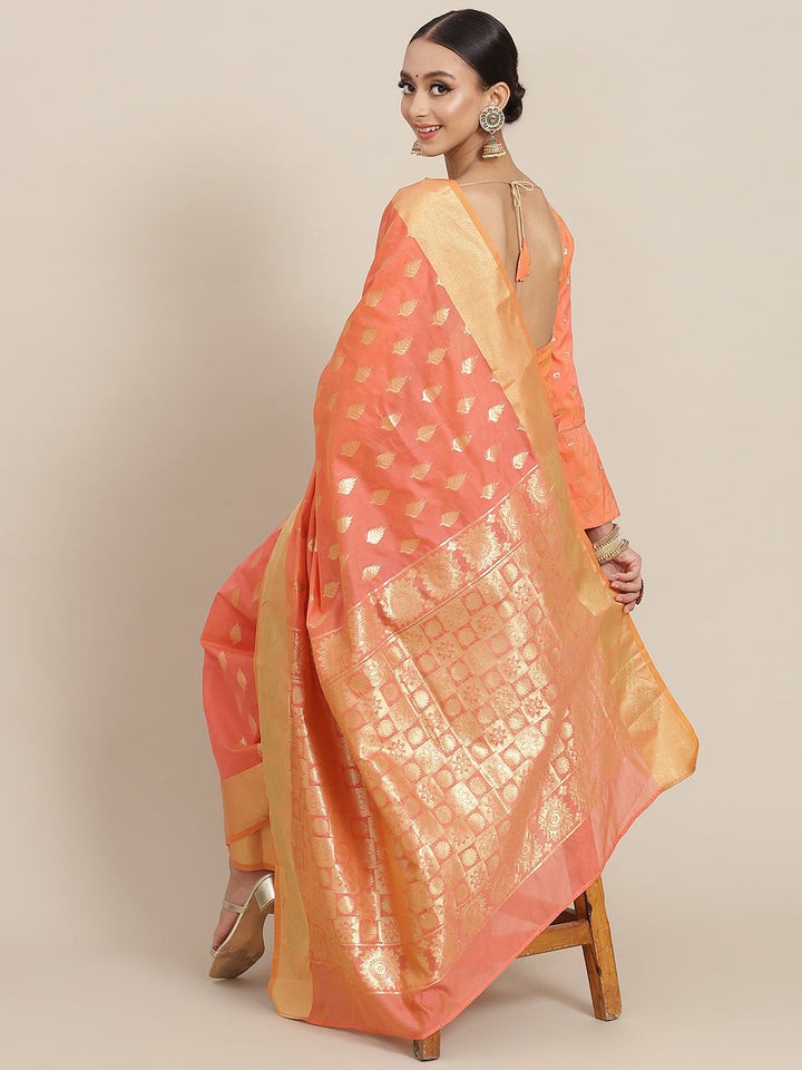 Peach Ethnic Motifs HandWoven Organza Silk Saree with Gold Zari Border