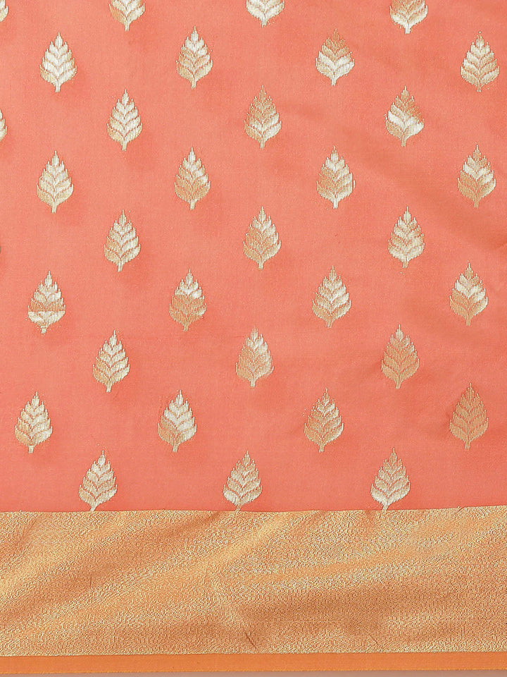 Peach Ethnic Motifs HandWoven Organza Silk Saree with Gold Zari Border