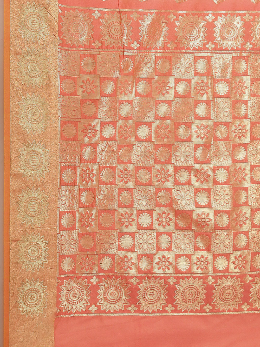 Peach Ethnic Motifs HandWoven Organza Silk Saree with Gold Zari Border