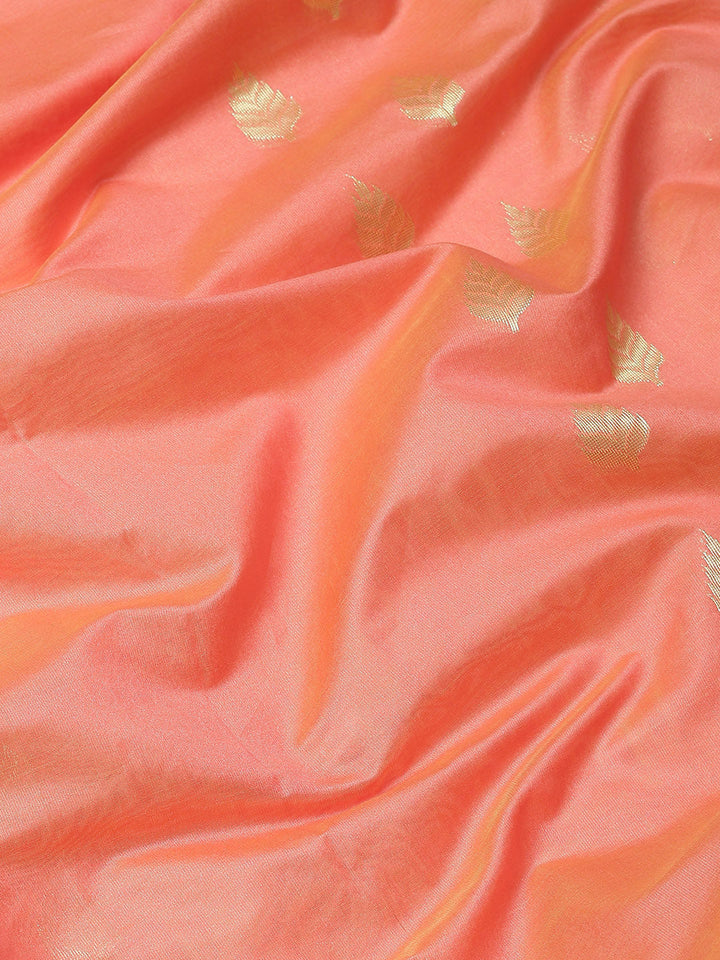 Peach Ethnic Motifs HandWoven Organza Silk Saree with Gold Zari Border