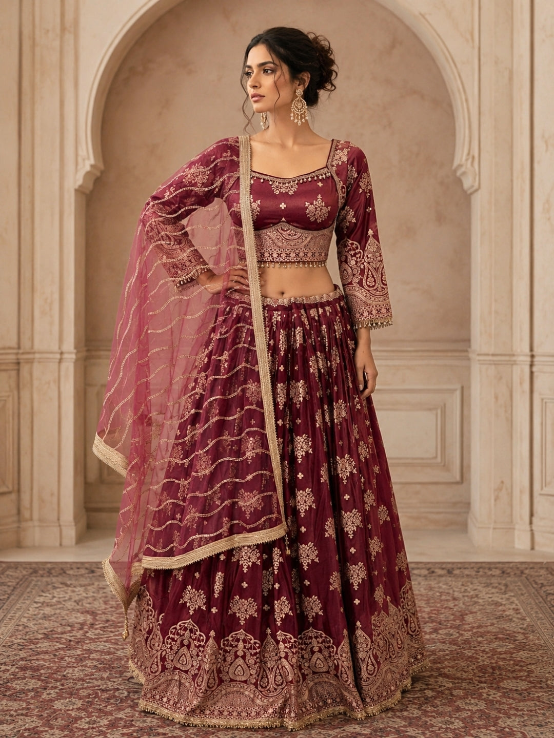 Dusty Rose Tissue Lehenga Choli with Zari Floral & Paisley Embroidery & Net Dupatta