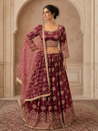 Dusty Rose Tissue Lehenga Choli with Zari Floral & Paisley Embroidery & Net Dupatta