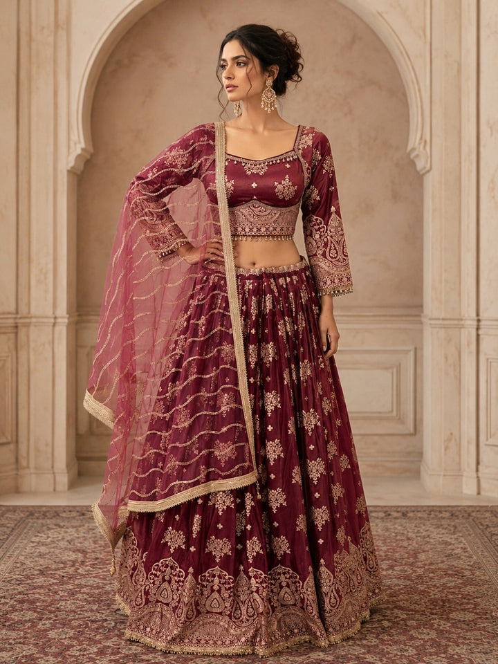 Dusty Rose Tissue Lehenga Choli with Zari Floral & Paisley Embroidery & Net Dupatta