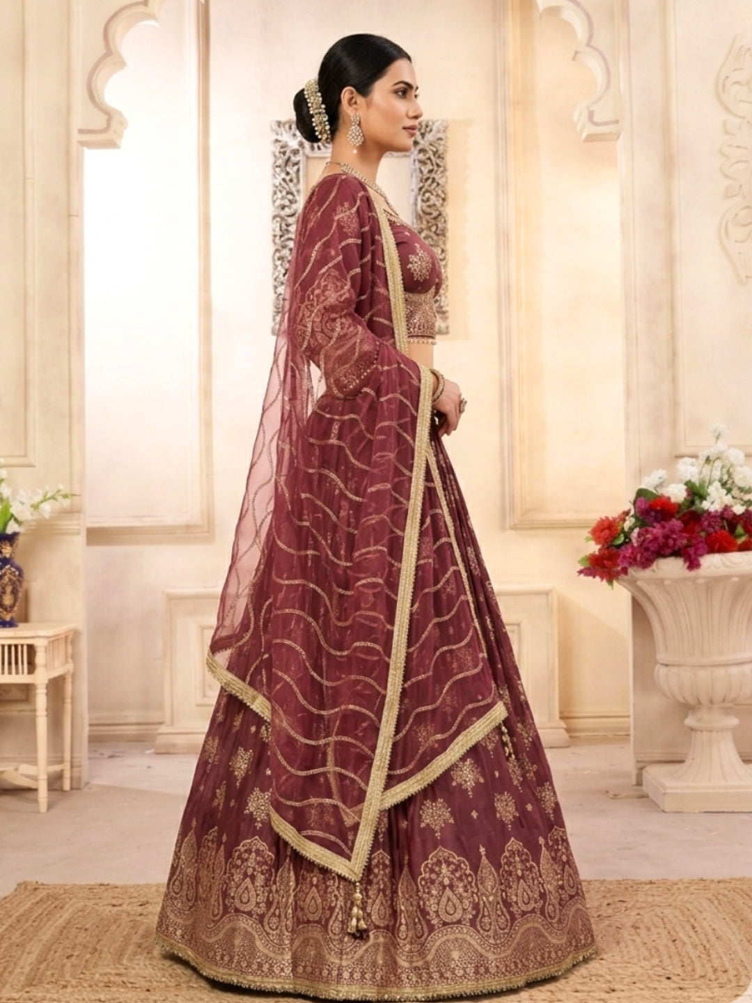 Dusty Rose Tissue Lehenga Choli with Zari Floral & Paisley Embroidery & Net Dupatta