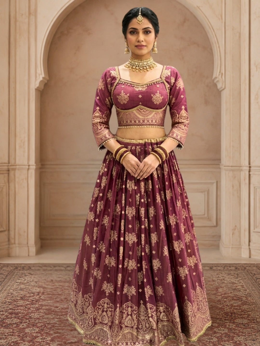 Dusty Rose Tissue Lehenga Choli with Zari Floral & Paisley Embroidery & Net Dupatta