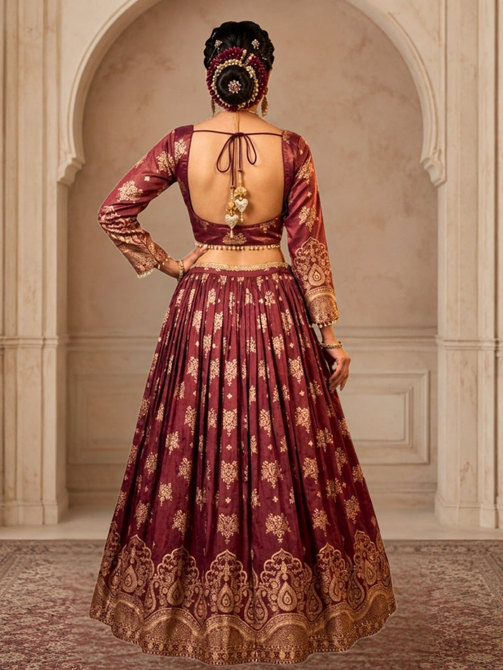 Dusty Rose Tissue Lehenga Choli with Zari Floral & Paisley Embroidery & Net Dupatta