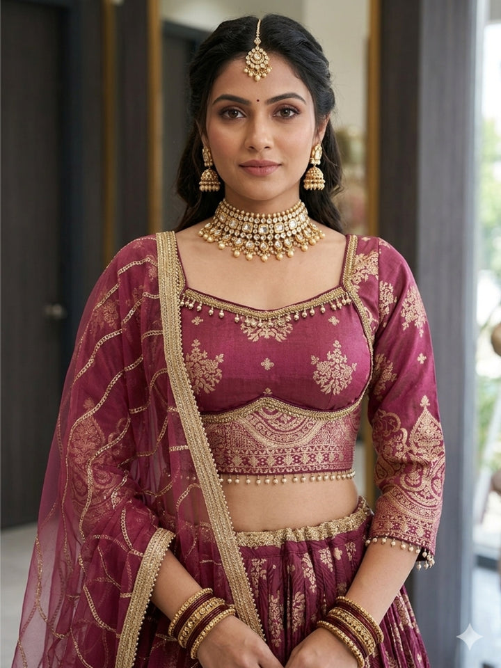 Dusty Rose Tissue Lehenga Choli with Zari Floral & Paisley Embroidery & Net Dupatta