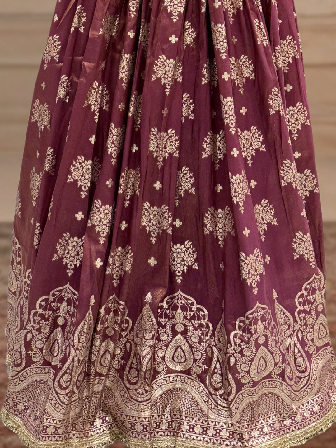 Dusty Rose Tissue Lehenga Choli with Zari Floral & Paisley Embroidery & Net Dupatta