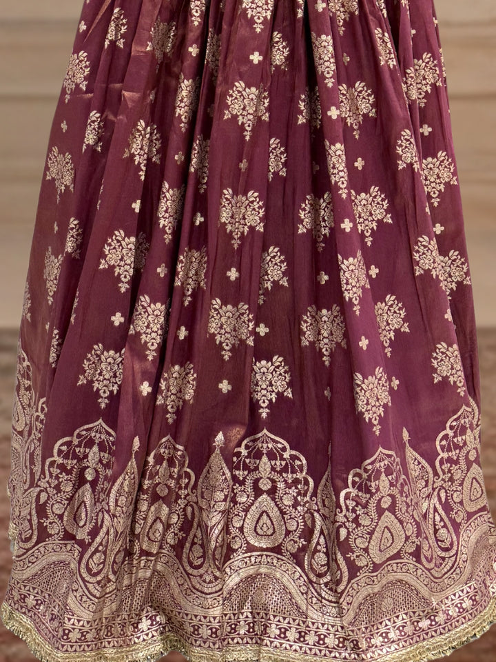 Dusty Rose Tissue Lehenga Choli with Zari Floral & Paisley Embroidery & Net Dupatta