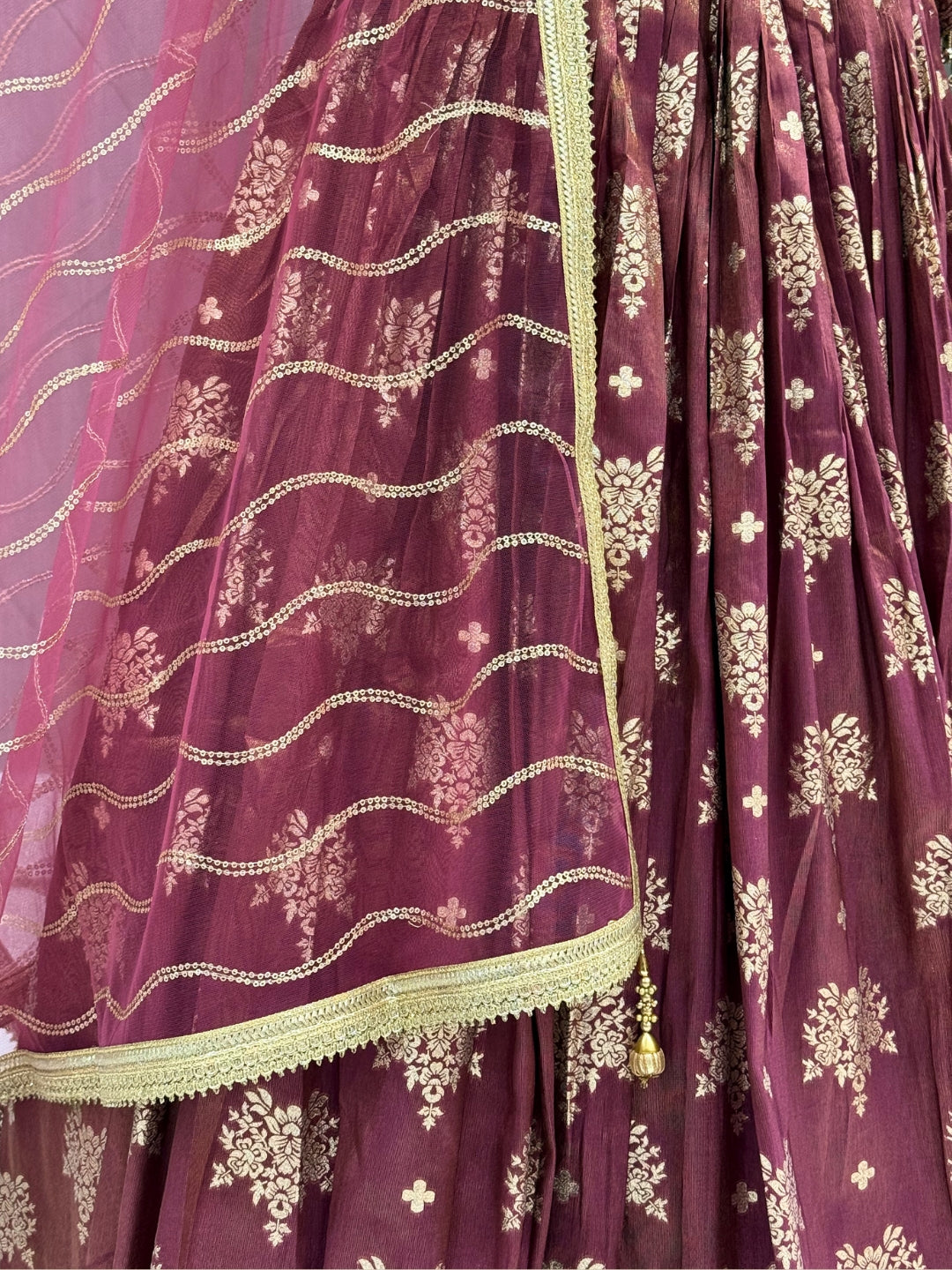 Dusty Rose Tissue Lehenga Choli with Zari Floral & Paisley Embroidery & Net Dupatta