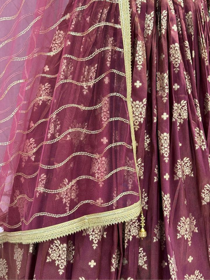 Dusty Rose Tissue Lehenga Choli with Zari Floral & Paisley Embroidery & Net Dupatta