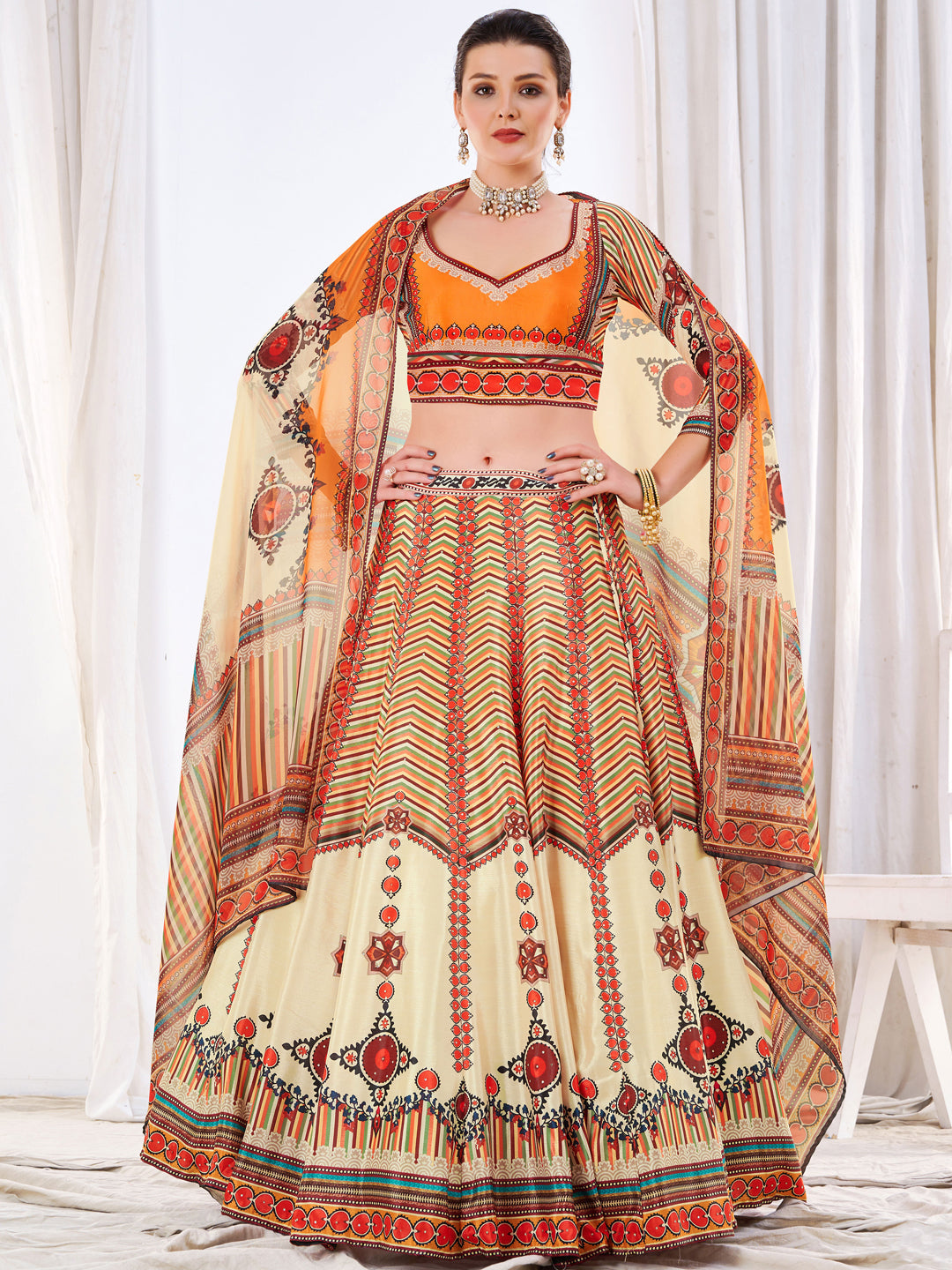Crystal Embellished Lehenga Set with Chevron Digital Print Dupatta