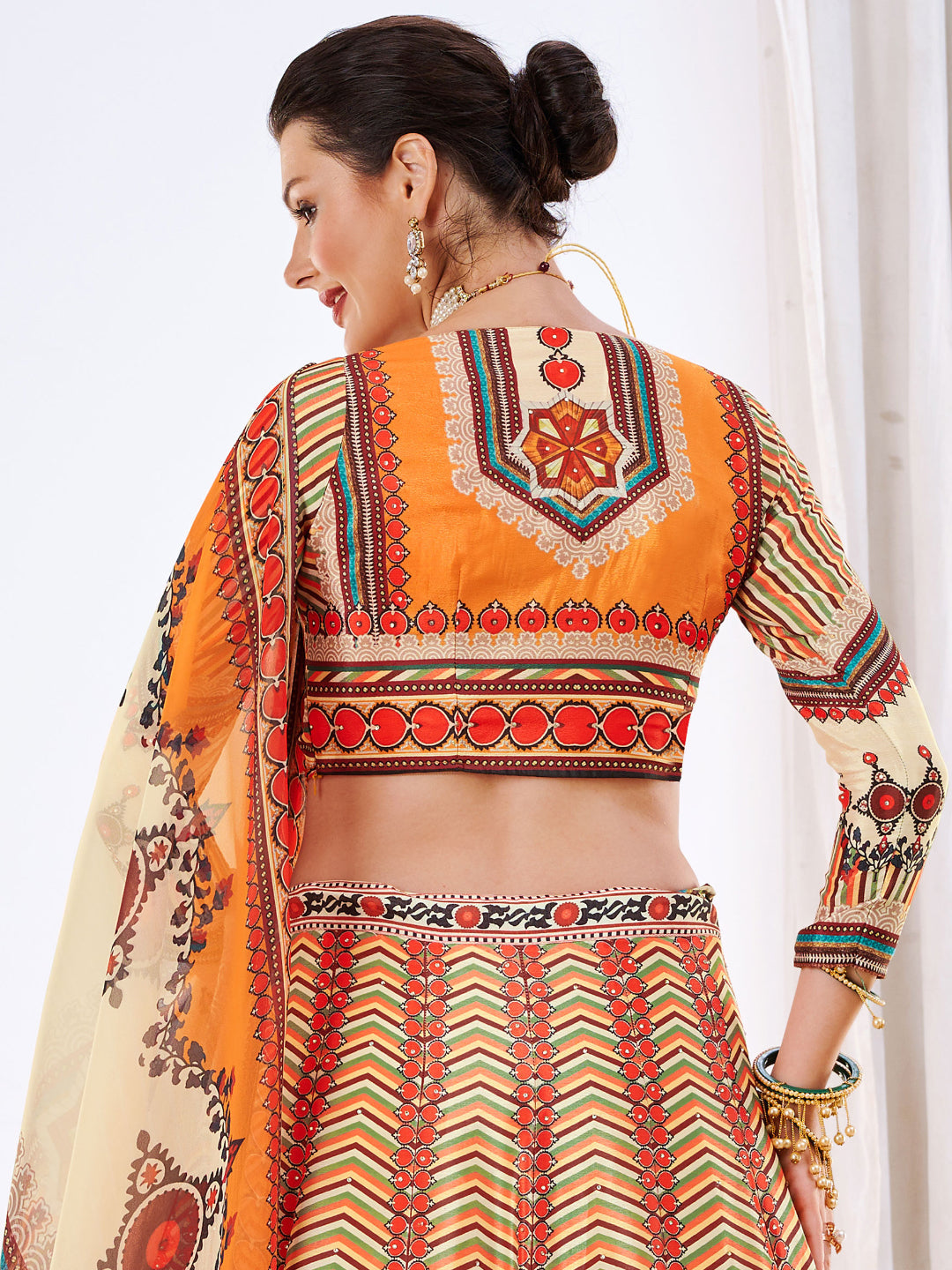 Crystal Embellished Lehenga Set with Chevron Digital Print Dupatta