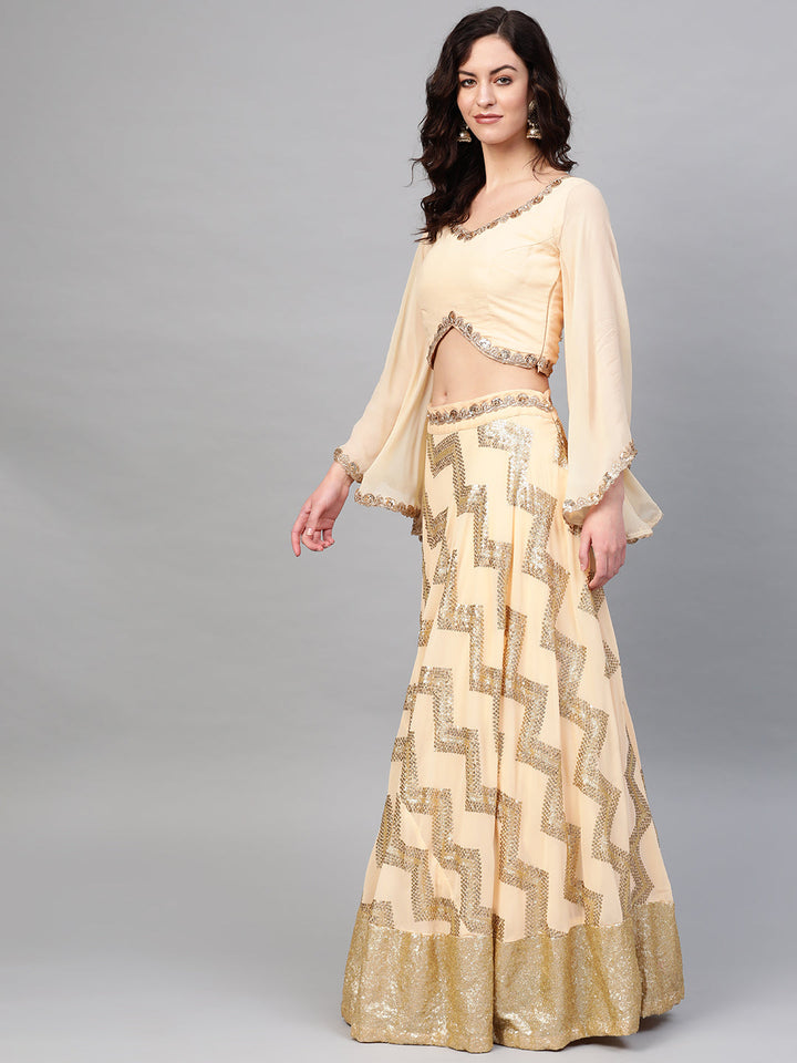 Embroidered Crop Top Lehenga with Flowy Bell Sleeves