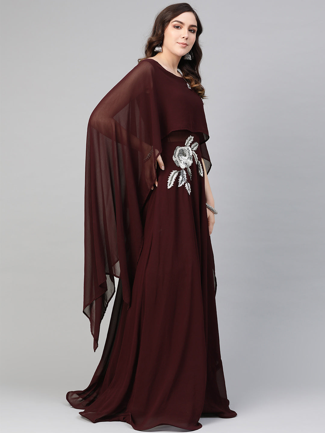Georgette Sequnned Cocktail Gown with Attached Cape