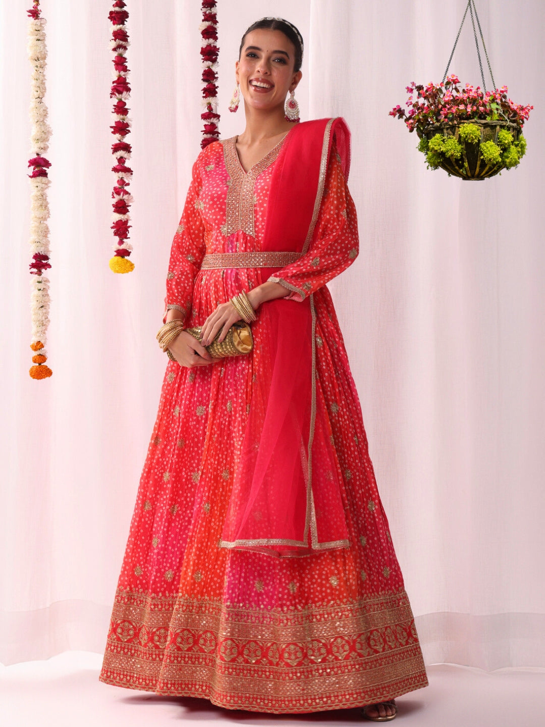 Chhabra 555 Ombre Alia-style Bandhej Print Gown with & Sequin Embroidered Belt & Gota Patti Dupatta