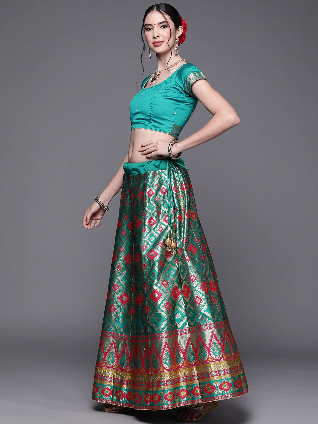 Teal Semi Stitched Banarasi Lehenga with Zari & Resham Weaving