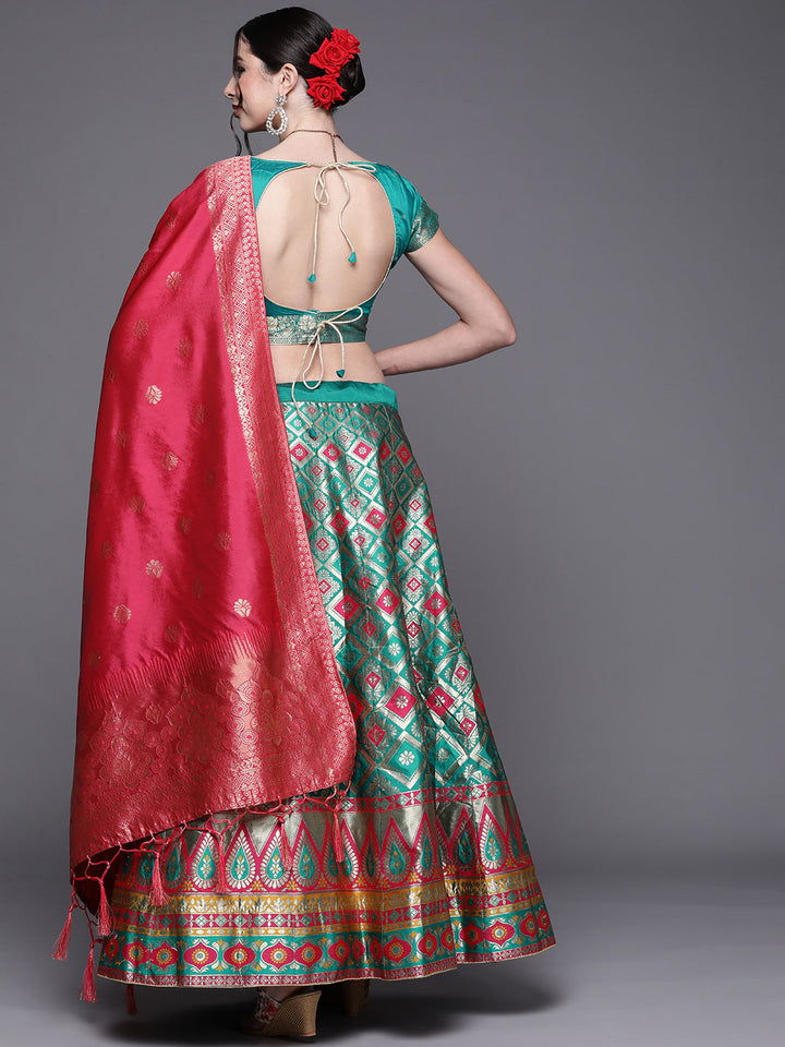 Teal Semi Stitched Banarasi Lehenga with Zari & Resham Weaving
