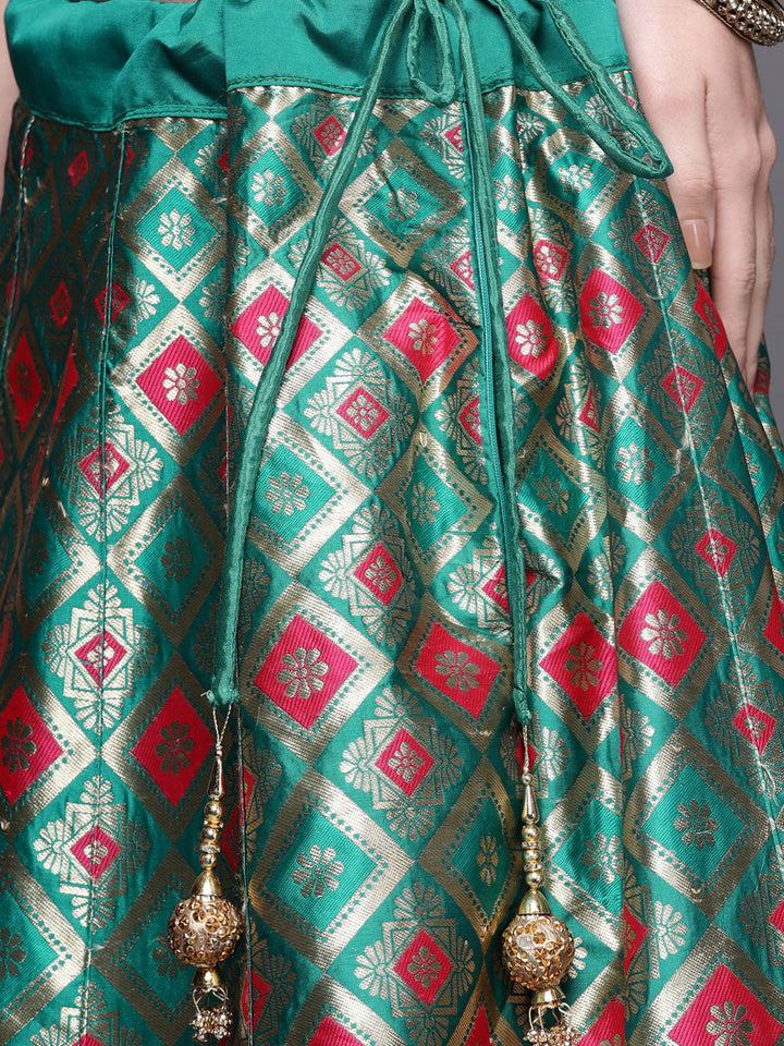 Teal Semi Stitched Banarasi Lehenga with Zari & Resham Weaving
