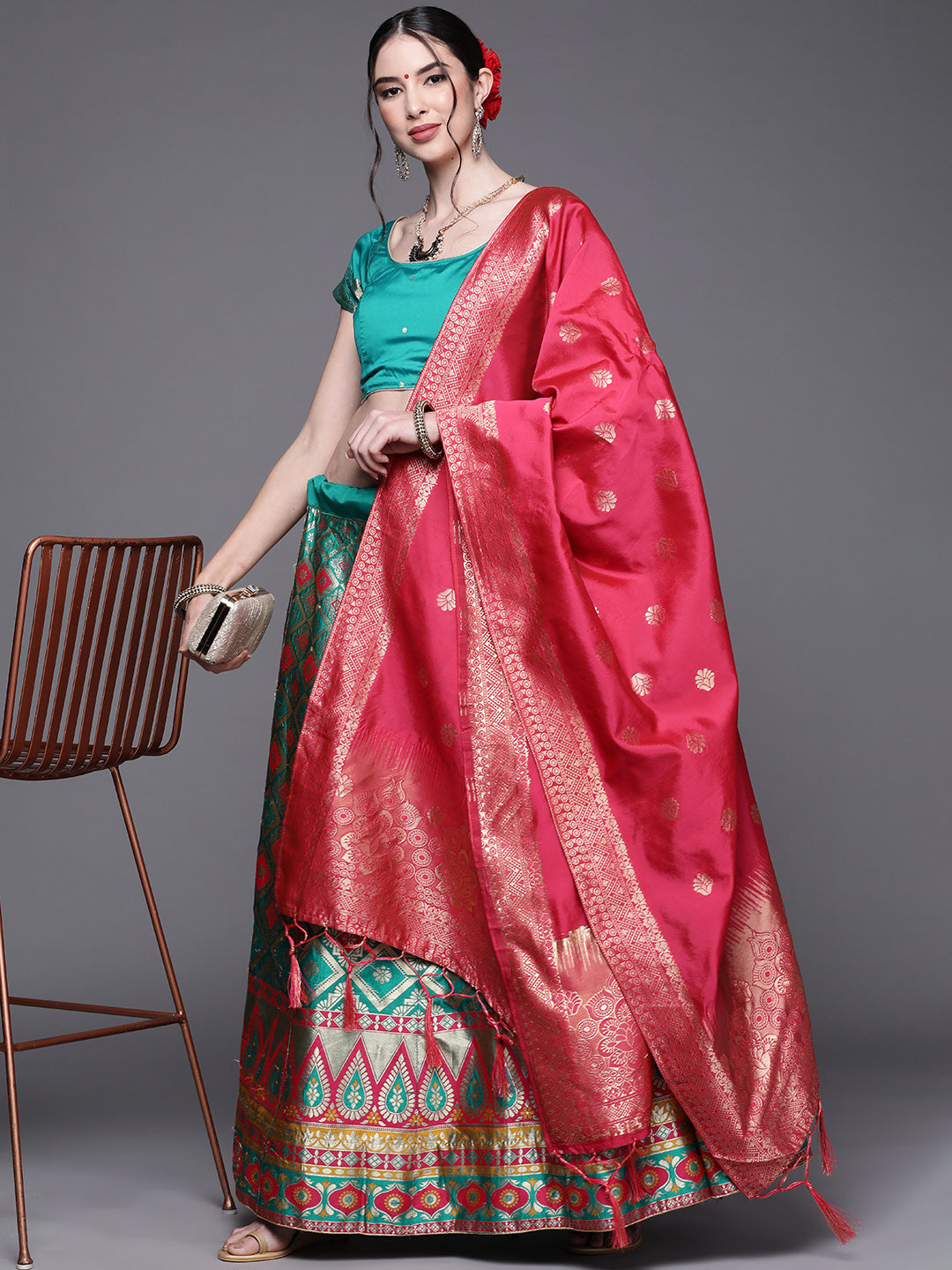 Teal Semi Stitched Banarasi Lehenga with Zari & Resham Weaving