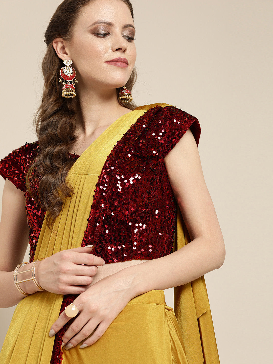 Red Stylized Sequinned Saree Blouse