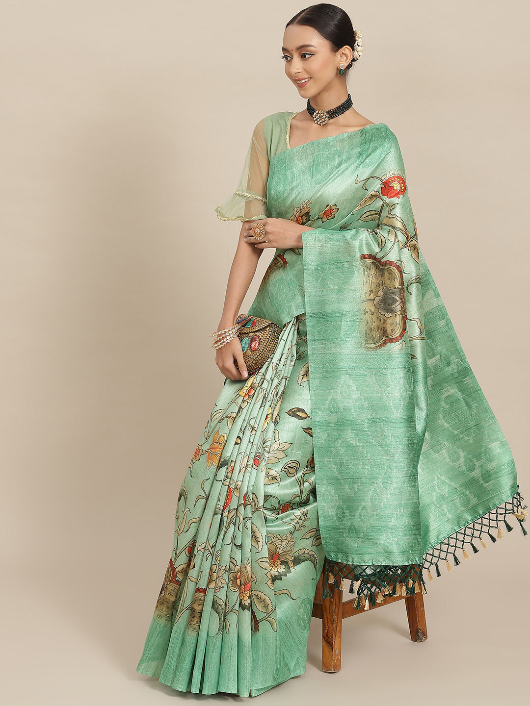 Teal Green Floral Digital Printed Silk Saree With Paisley Woven Blouse