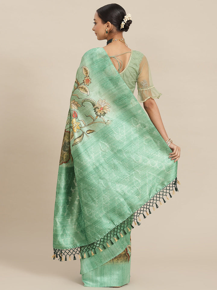 Teal Green Floral Digital Printed Silk Saree With Paisley Woven Blouse