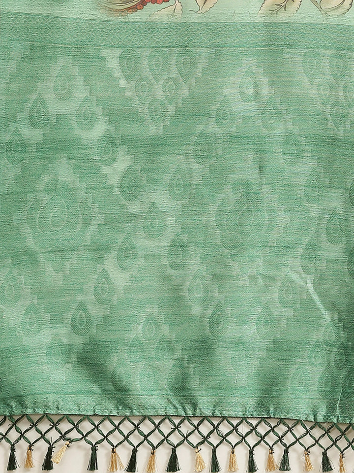 Teal Green Floral Digital Printed Silk Saree With Paisley Woven Blouse