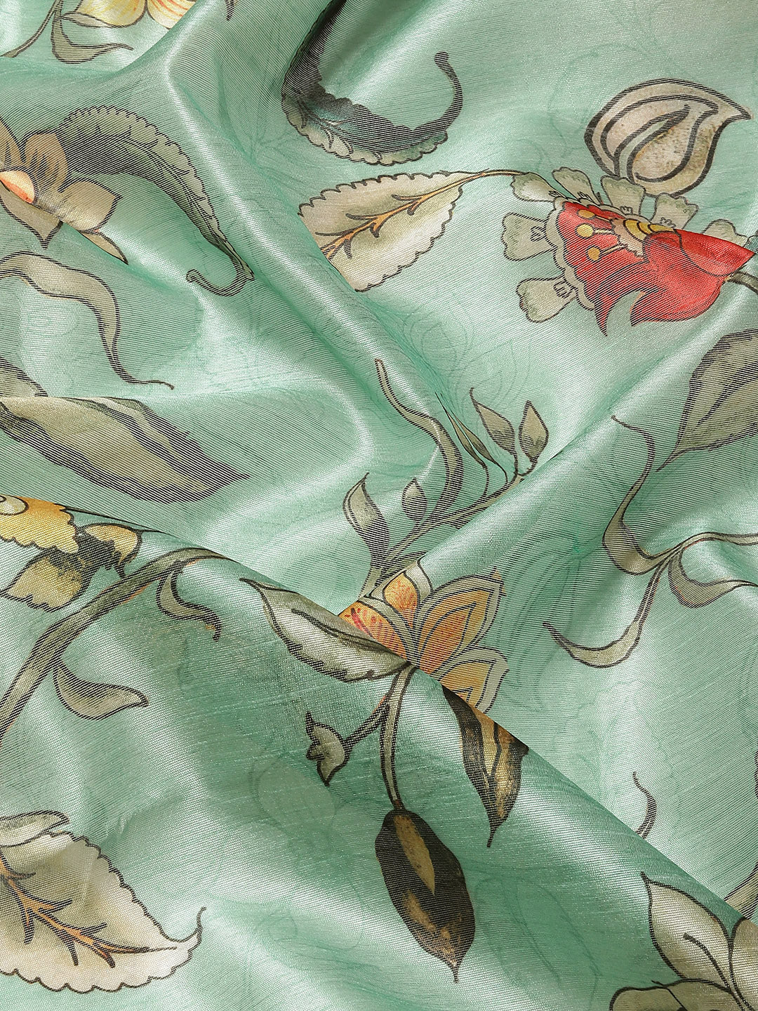 Teal Green Floral Digital Printed Silk Saree With Paisley Woven Blouse