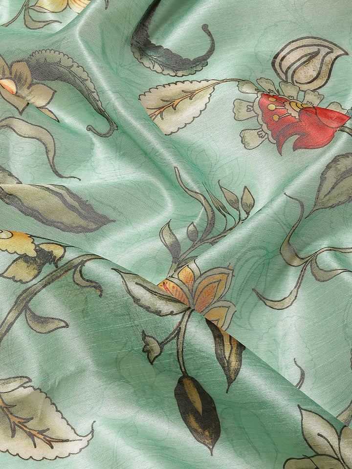 Teal Green Floral Digital Printed Silk Saree With Paisley Woven Blouse