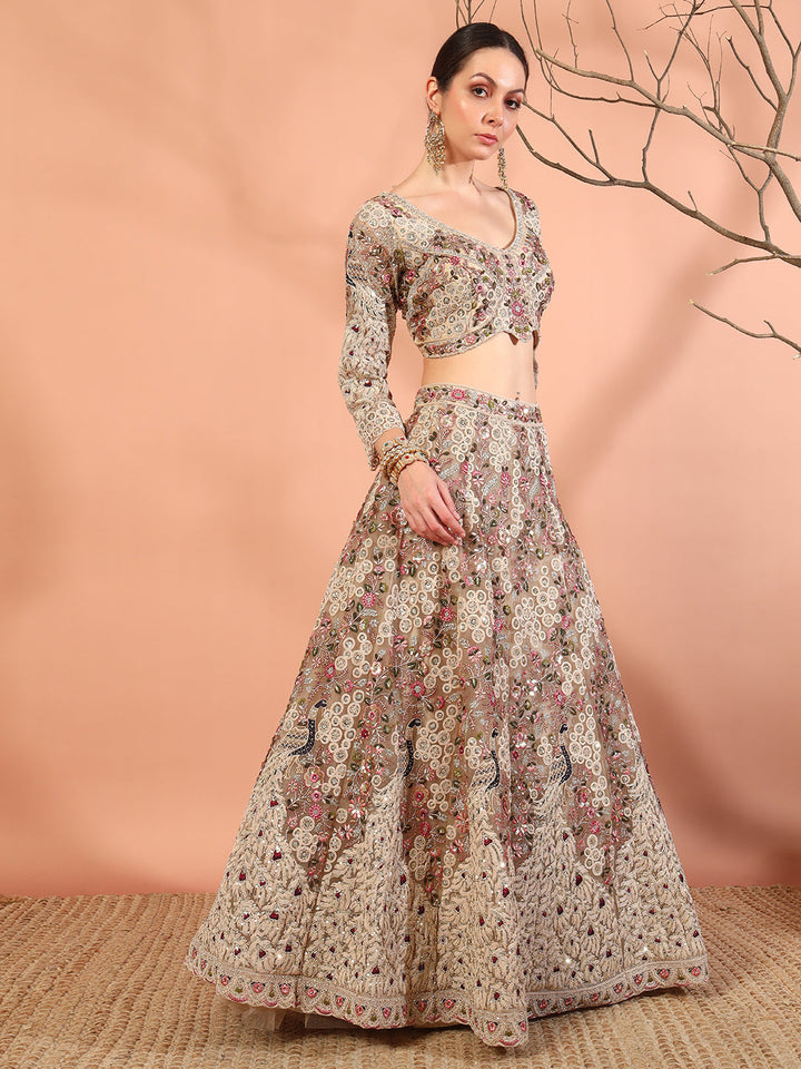 Chhabra 555 Peacock Theme Multi thread, Zardozi Embroidery Lehenga Choli Set & Scalloped Dupatta