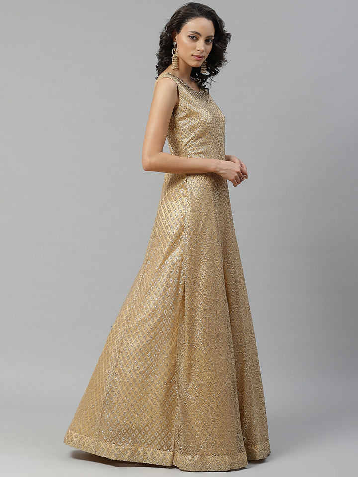 Made to Measure Golden Net Embellished Gown With Sequence Sparkles & Stone Work
