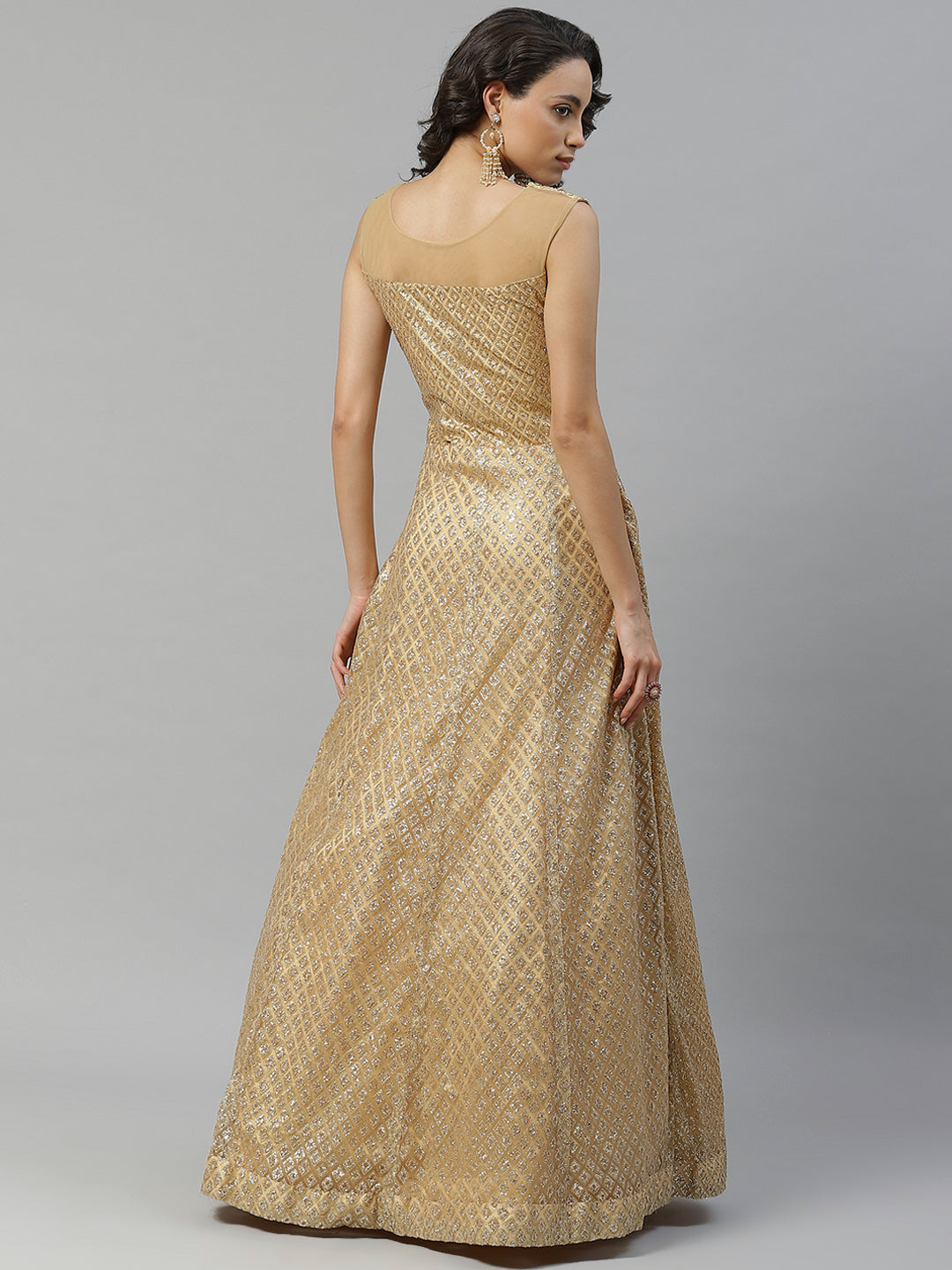 Made to Measure Golden Net Embellished Gown With Sequence Sparkles & Stone Work