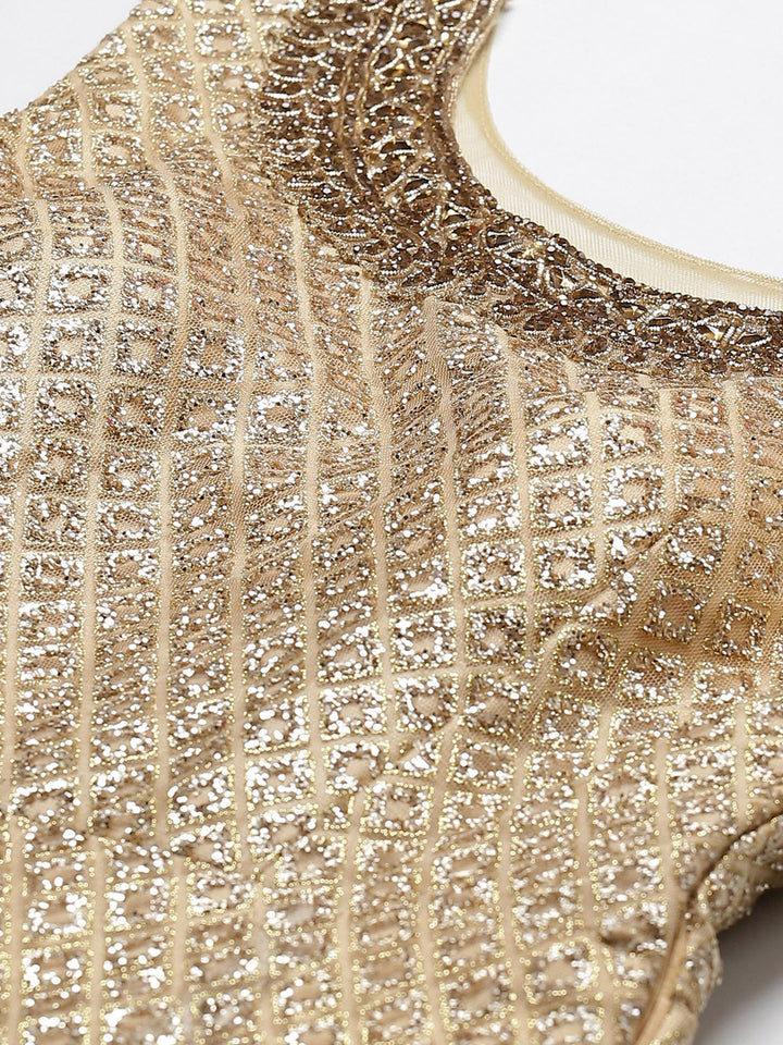 Made to Measure Golden Net Embellished Gown With Sequence Sparkles & Stone Work