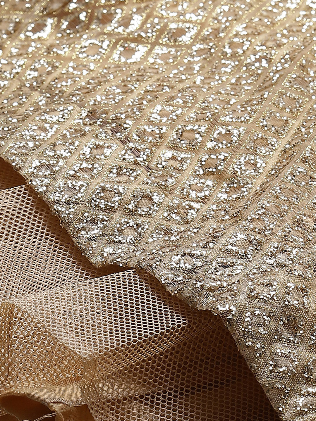 Made to Measure Golden Net Embellished Gown With Sequence Sparkles & Stone Work