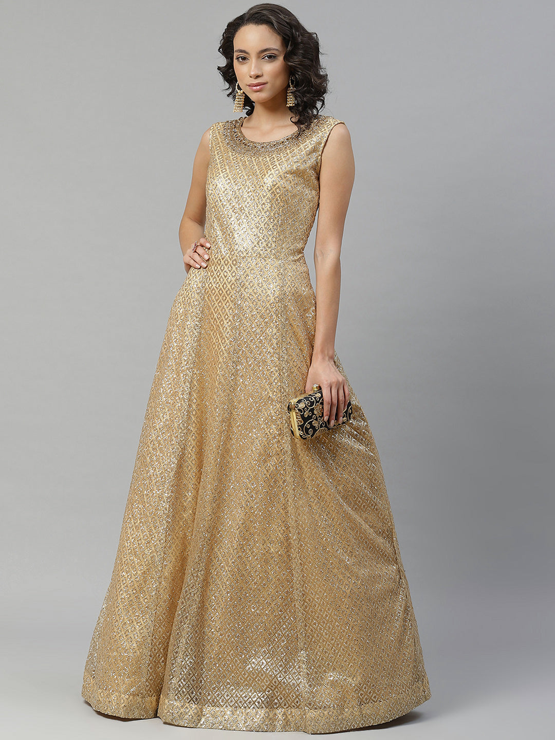 Made to Measure Golden Net Embellished Gown With Sequence Sparkles & Stone Work