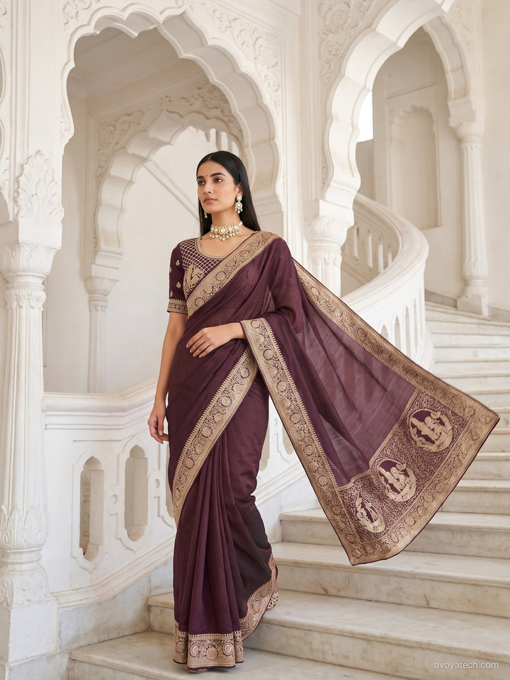 Wine Silk Saree with Zari Woven Border and Embroidered Blouse Piece
