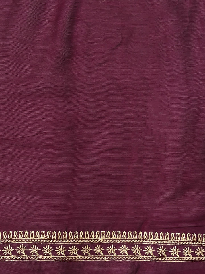 Wine Silk Saree with Zari Woven Border and Embroidered Blouse Piece