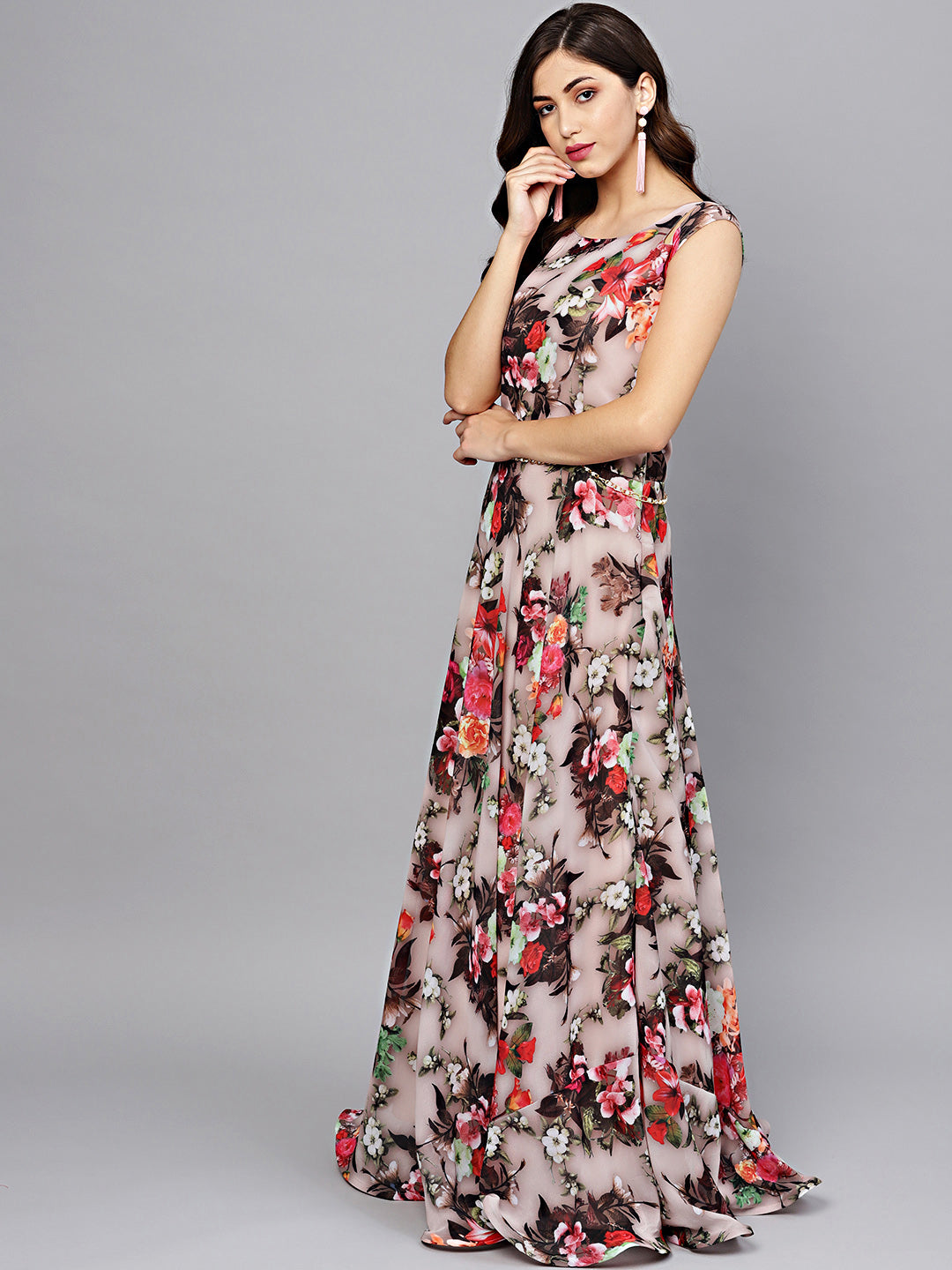 Georgette Floral Anarkali Cocktail Gown with matching Belt