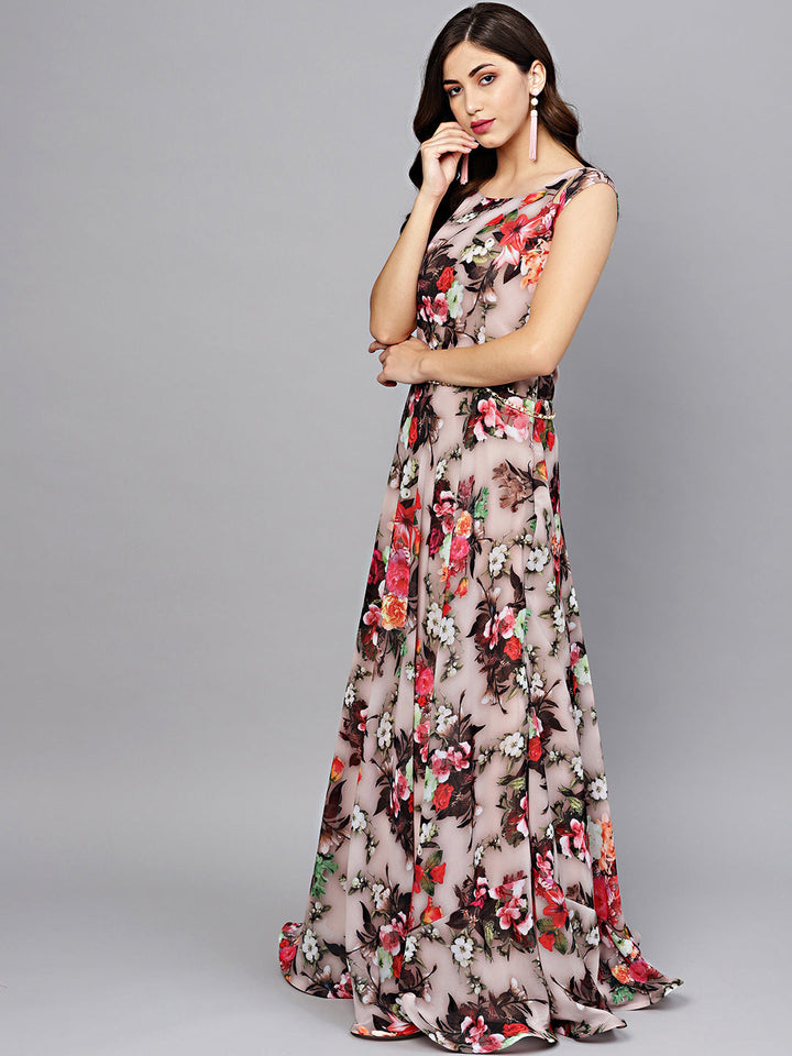 Georgette Floral Anarkali Cocktail Gown with matching Belt