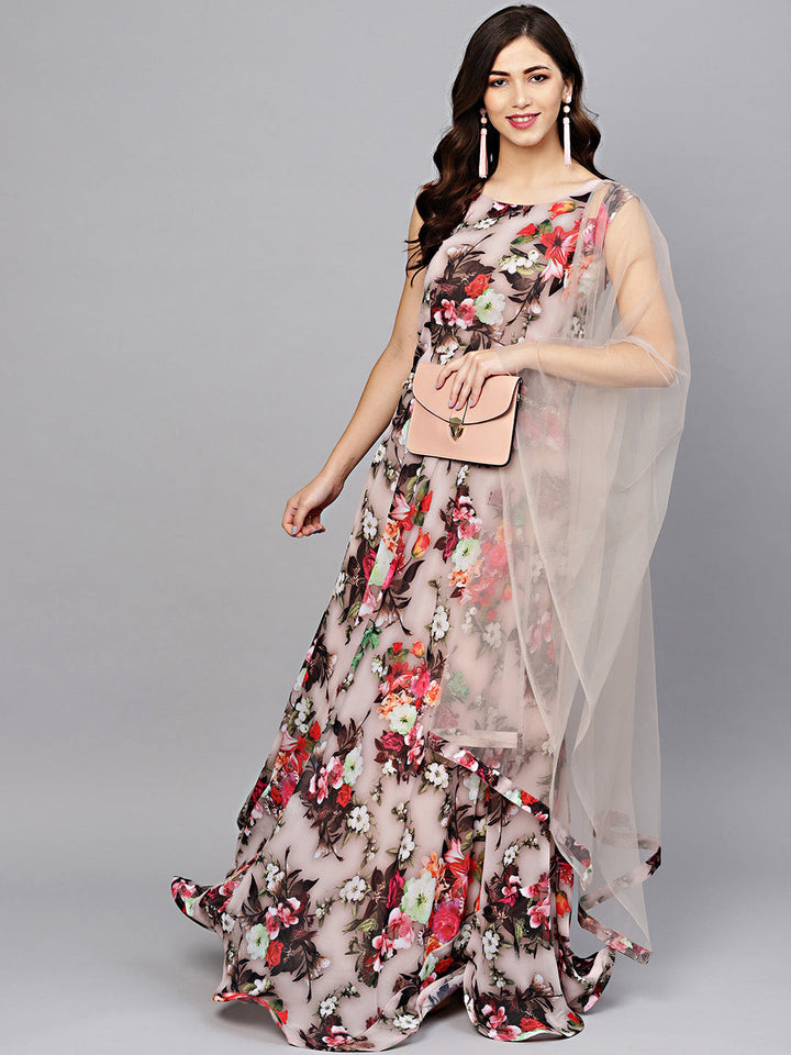 Georgette Floral Anarkali Cocktail Gown with matching Belt