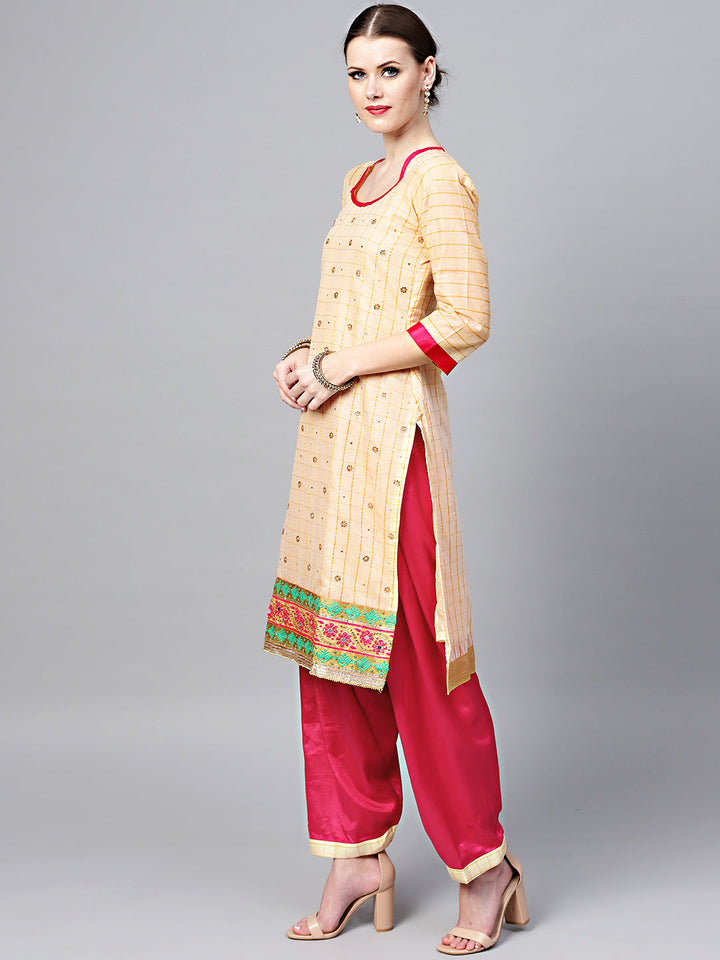 Chanderi Kurta Set with Floral Embroidery Dupatta